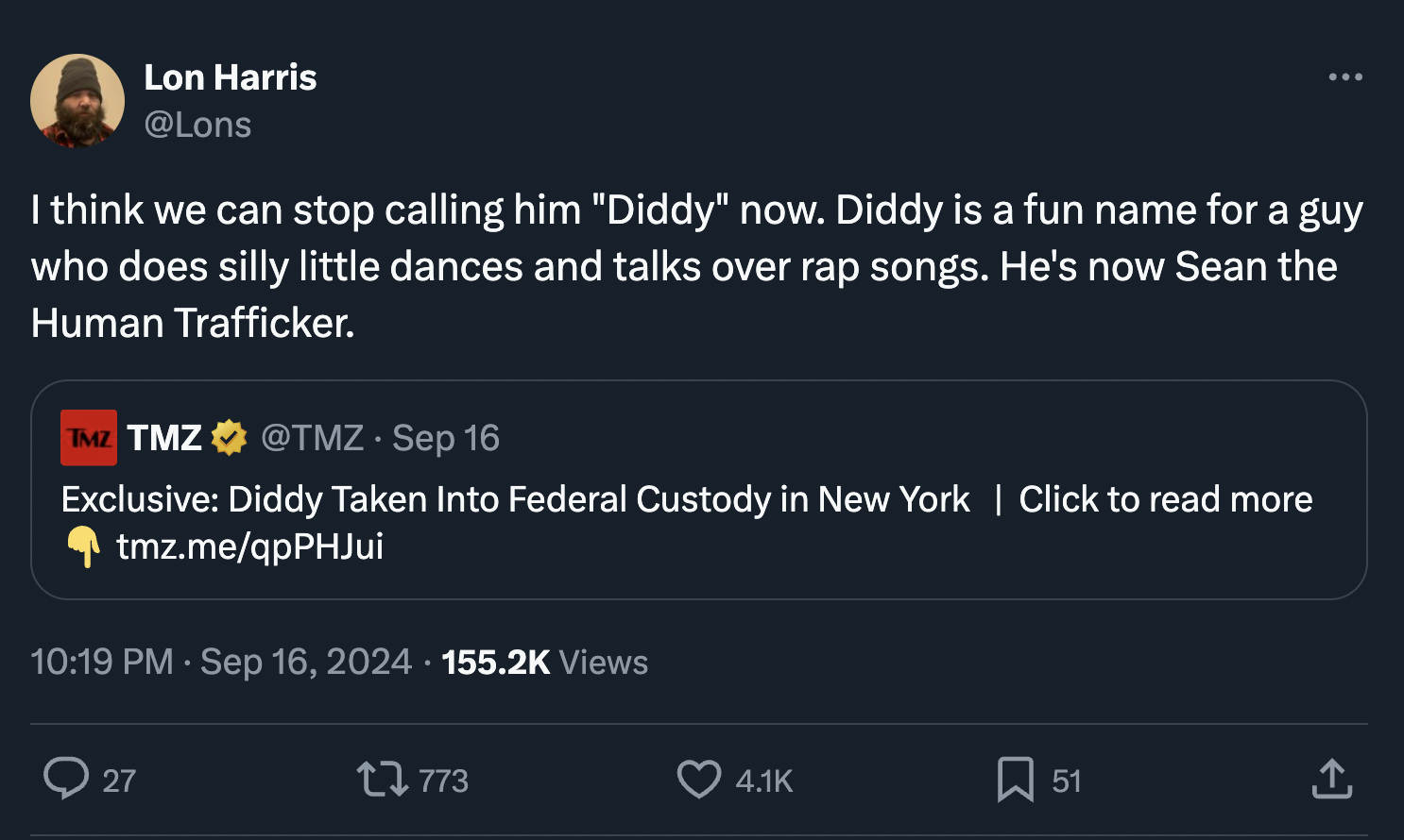 diddy tweets and reactions - screenshot - Lon Harris I think we can stop calling him